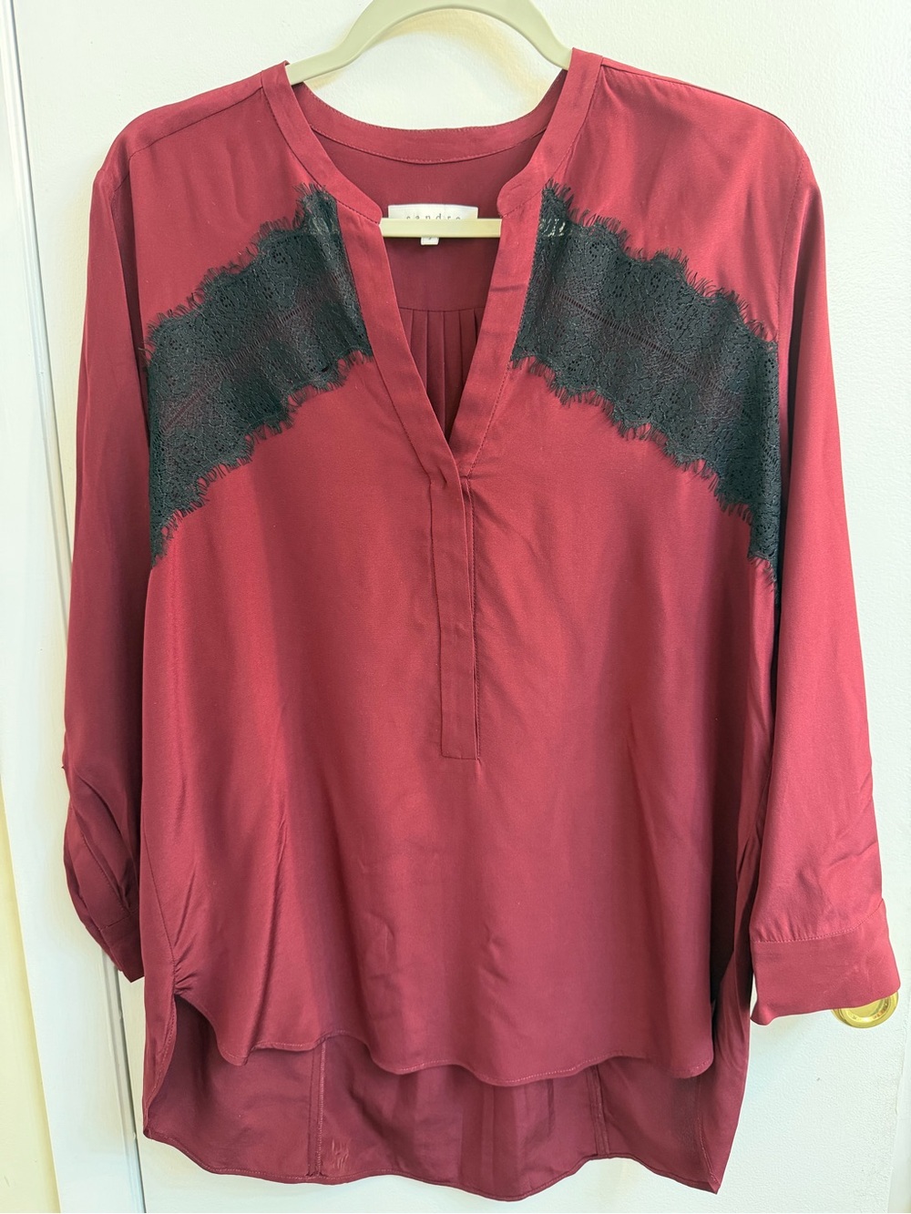 Sandro Wine Red Tunic with Black Lace Insets